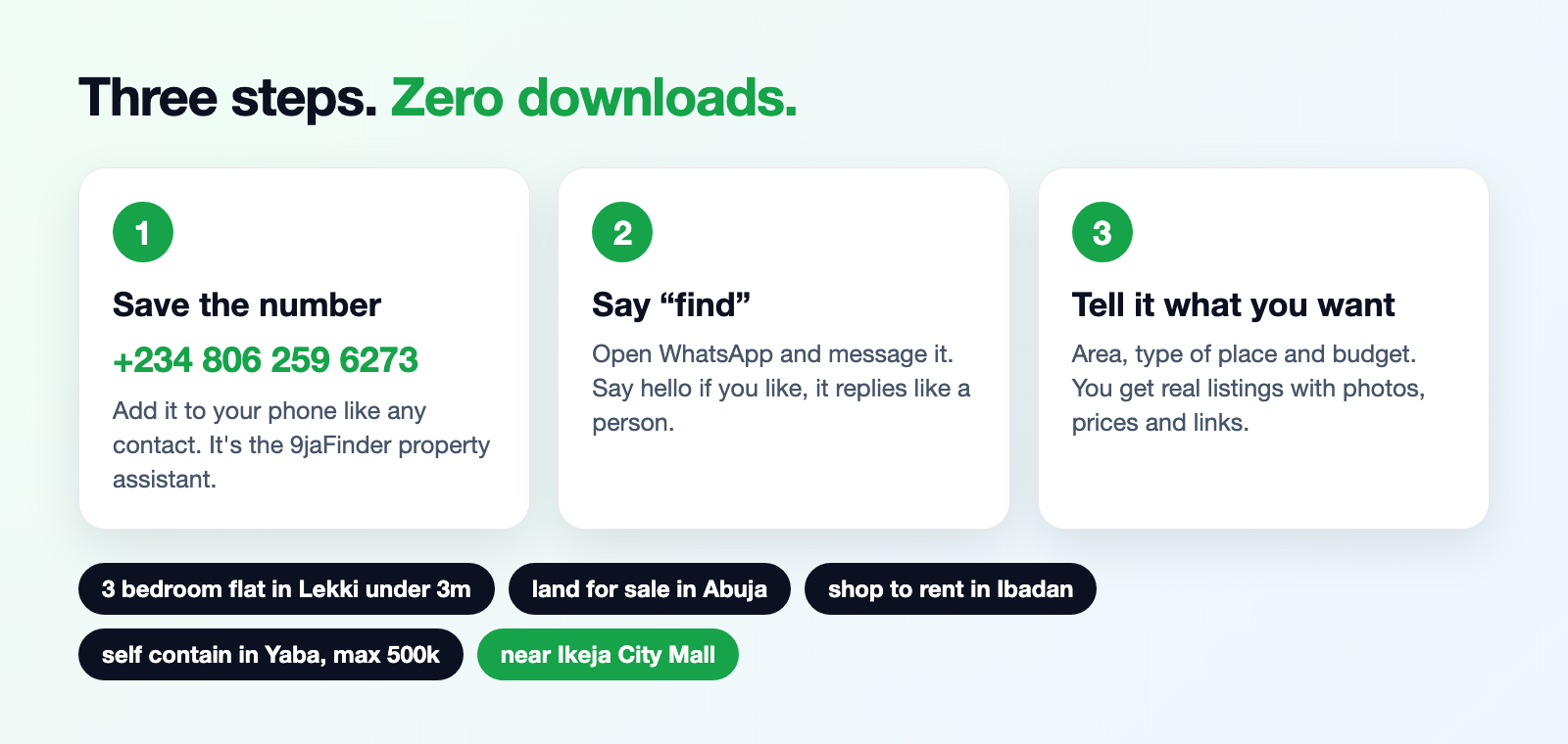 Three steps to search for property on WhatsApp: save the number, say find, tell it what you want